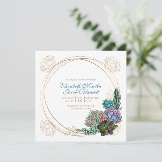 Invitation Aquarelle rustique Succulent, Mariage bleu (Debout devant)