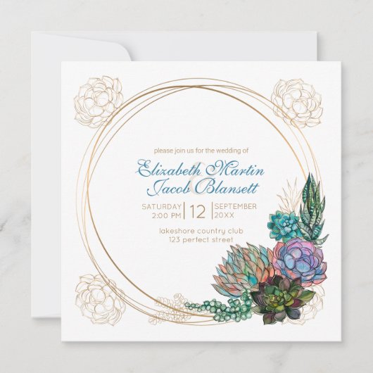 Invitation Aquarelle rustique Succulent, Mariage bleu (Devant)