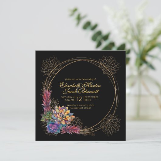 Invitation Aquarelle rustique Succulent, Mariage noir (Debout devant)