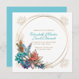 Invitation Aquarelle rustique Succulent, Mariage turquoise