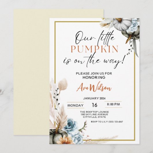 Invitation aquarelle rustique un petit baby shower citrouille (Devant / Derrière)