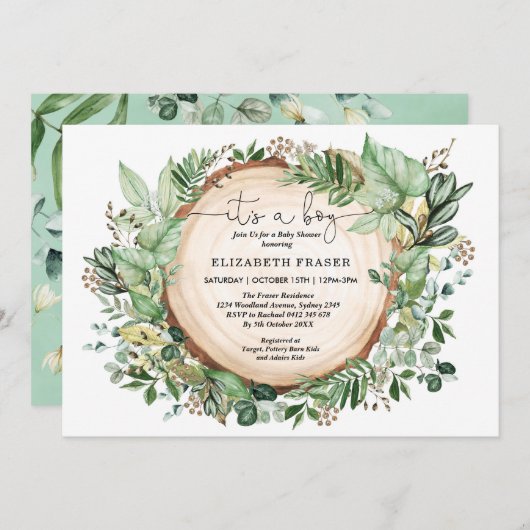 Invitation Aquarelle rustique Verdure Forêt Baby shower garço (Devant / Derrière)