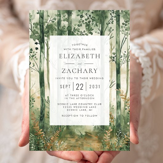 Invitation Aquarelle rustique Vert Mariage bois or
