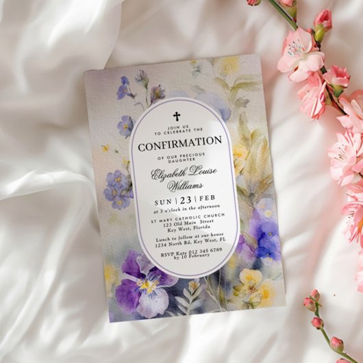 Invitation Aquarelle rustique violet et jaune Confirmation