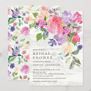 Invitation Aquarelle rustique violet rose Fête des mariées fl