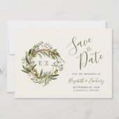 Invitation Aquarelle rustique Wreath Olive Enregistrer la dat (Devant)