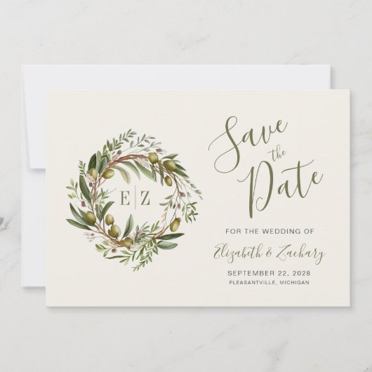 Invitation Aquarelle rustique Wreath Olive Enregistrer la dat (Devant)