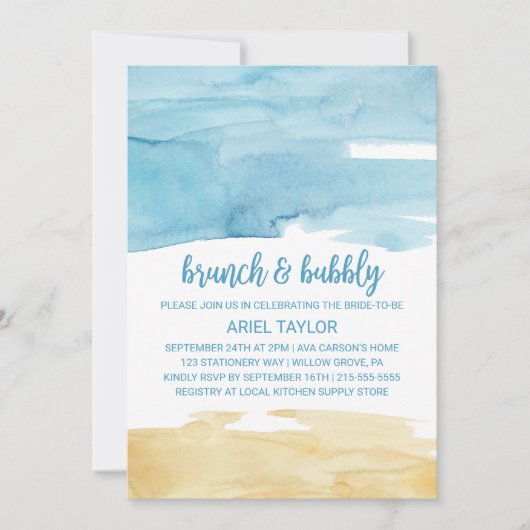 Invitation Aquarelle Sable et Brunch de mer et Bubbly (Devant)