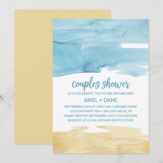 Invitation Aquarelle Sable et Couples de mer Douche (Devant / Derrière)