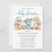 Invitation Aquarelle Safari Animaux Baby shower à Script bleu (Devant)