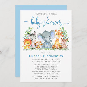 Invitation Aquarelle Safari Animaux Baby shower à Script bleu
