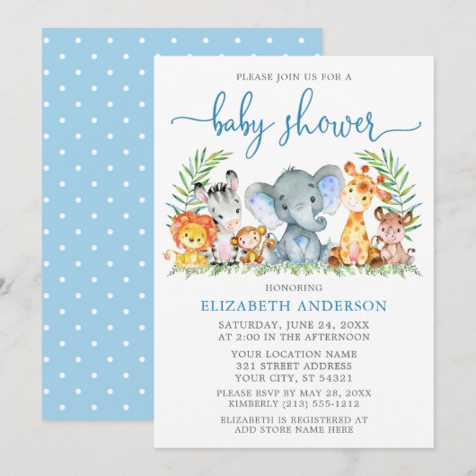 Invitation Aquarelle Safari Animaux Baby shower bleu Script (Devant / Derrière)