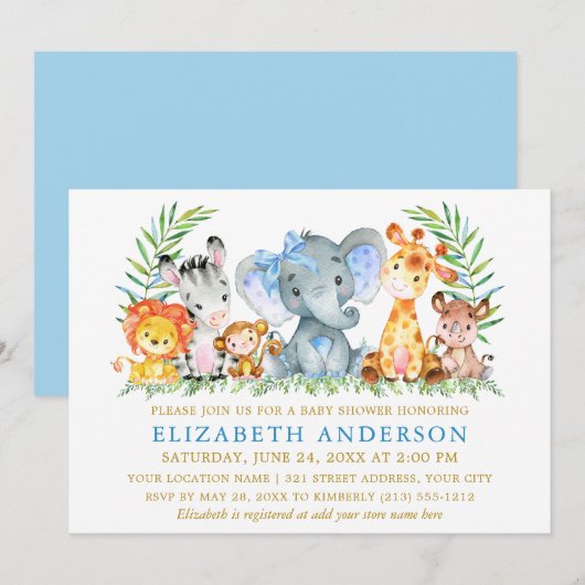 Invitation Aquarelle Safari Animaux Baby shower Blue Bow (Devant / Derrière)