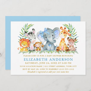 Invitation Aquarelle Safari Animaux Baby shower Blue Bow