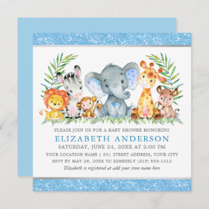 Invitation Aquarelle Safari Animaux Baby shower Blue Carré
