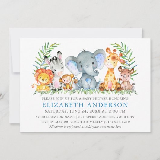Invitation Aquarelle Safari Animaux Baby shower Blue Silver (Devant)