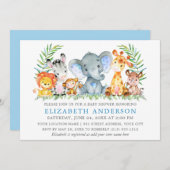 Invitation Aquarelle Safari Animaux Baby shower Blue Silver (Devant / Derrière)