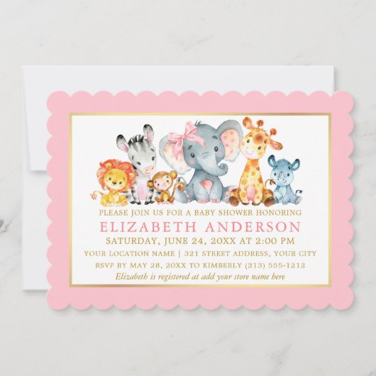 Invitation Aquarelle Safari Animaux Baby shower Bow rose (Devant)