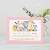 Invitation Aquarelle Safari Animaux Baby shower Bow rose (Debout devant)