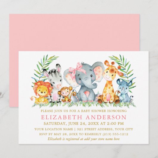 Invitation Aquarelle Safari Animaux Baby shower Bow rose (Devant / Derrière)