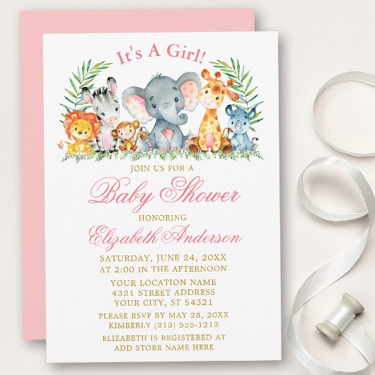 Invitation Aquarelle Safari Animaux Baby shower de script ros