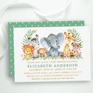 Invitation Aquarelle Safari Animaux Baby shower Gold Green