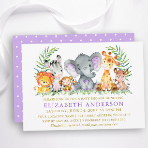 Invitation Aquarelle Safari Animaux Baby shower Gold Violet