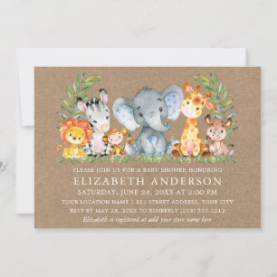 Invitation Aquarelle Safari Animaux Baby shower Kraft