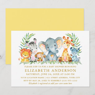 Invitation Aquarelle Safari Animaux Baby shower Or Jaune