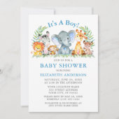 Invitation Aquarelle Safari Animaux Baby shower points bleus (Devant)