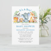 Invitation Aquarelle Safari Animaux Baby shower points bleus (Debout devant)