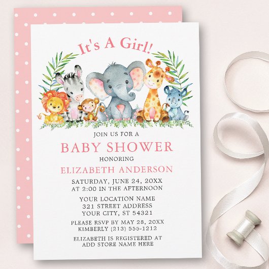 Invitation Aquarelle Safari Animaux Baby shower points roses
