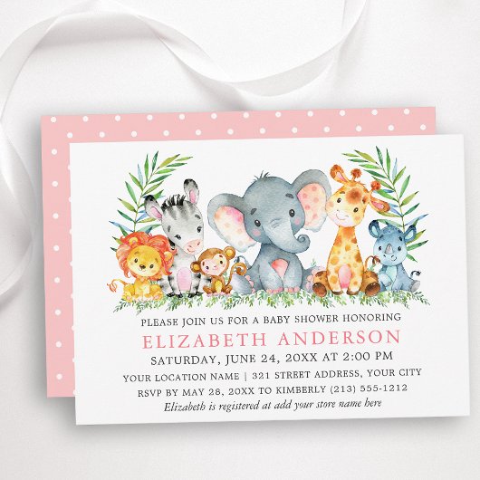 Invitation Aquarelle Safari Animaux Baby shower Points roses