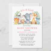 Invitation Aquarelle Safari Animaux Baby shower points roses (Devant)
