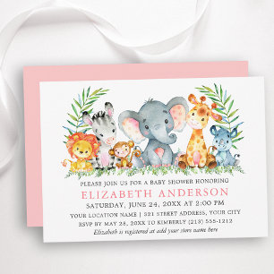 Invitation Aquarelle Safari Animaux Baby shower rose