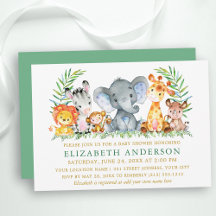 Aquarelle Safari Animaux Baby shower Vert Or
