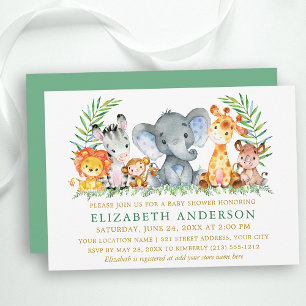 Invitation Aquarelle Safari Animaux Baby shower Vert Or