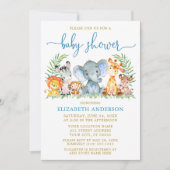 Invitation Aquarelle Safari Animaux Bleu Script Douche Or (Devant)