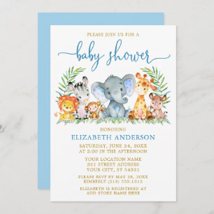 Invitation Aquarelle Safari Animaux Bleu Script Douche Or