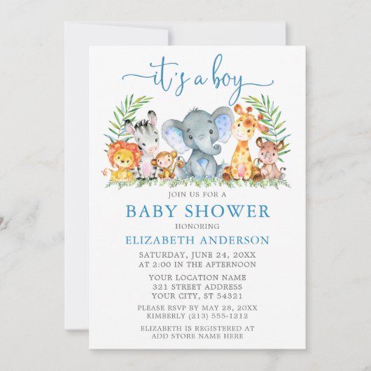 Invitation Aquarelle Safari Animaux Blue Script Boy Douche (Devant)