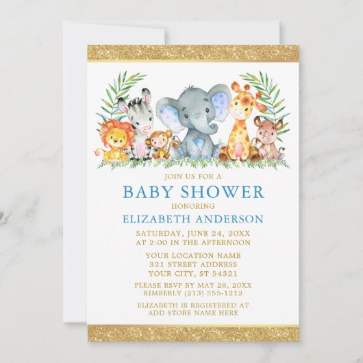 Invitation Aquarelle Safari Animaux Douche Bleu Parties scint (Devant)