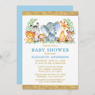 Invitation Aquarelle Safari Animaux Douche Bleu Parties scint