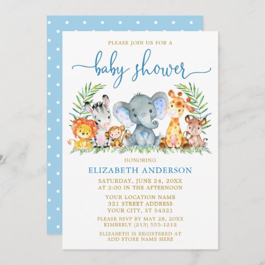 Invitation Aquarelle Safari Animaux Douche Bleu Script Or (Devant / Derrière)