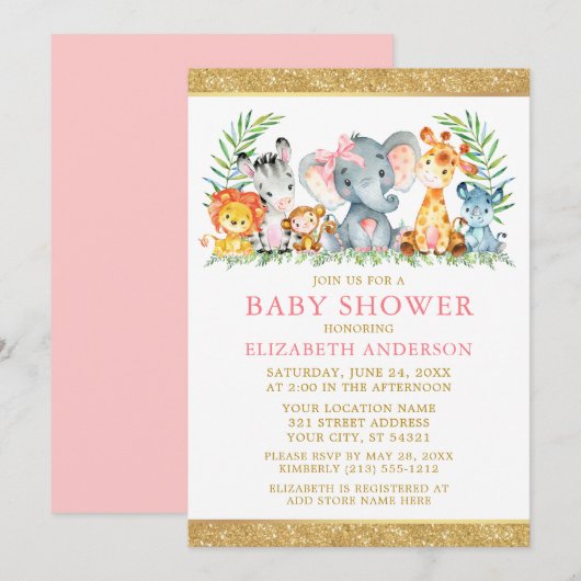 Invitation Aquarelle Safari Animaux Douche Bow rose Parties s (Devant / Derrière)
