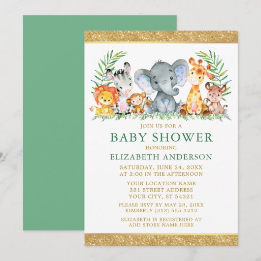 Invitation Aquarelle Safari Animaux Douche Parties scintillan (Devant / Derrière)