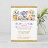 Invitation Aquarelle Safari Animaux Douche Violet Parties sci (Debout devant)