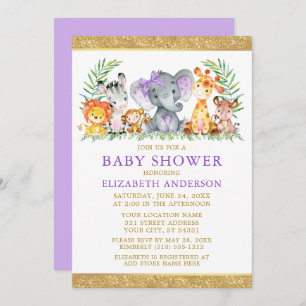 Invitation Aquarelle Safari Animaux Douche Violet Parties sci