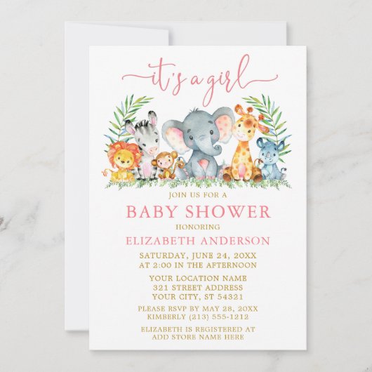 Invitation Aquarelle Safari Animaux Fille Rose Script Douche (Devant)