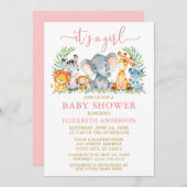 Invitation Aquarelle Safari Animaux Fille Rose Script Douche (Devant / Derrière)