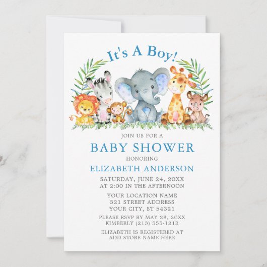 Invitation Aquarelle Safari Animaux Garçon Baby shower bleu (Devant)